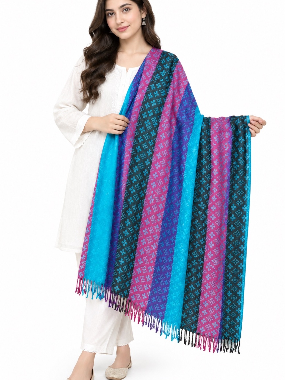 Women’s Striped Pattern Pashmina Shawl - Blue, Purple, Pink